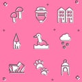 Set Mushroom, Hockey helmet, House, Wooden log, Flying duck, Cloud with snow, Royal Ontario museum and Paw print icon Royalty Free Stock Photo