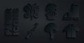 Set Mushroom, Hunter boots, Hunting gun, Shirt, Mexican mayan or aztec mask and Butterfly icon. Vector