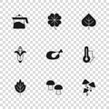 Set Mushroom, Thermometer, Roasted turkey or chicken, Leaf, Teapot, Four leaf clover and Corn icon. Vector