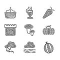 Set Mushroom, Windy weather, Watermelon, Pumpkin, Kite, Calendar with autumn leaves, Carrot and Basket icon. Vector