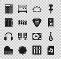 Set Music book with note, Guitar, Stereo speaker, Tambourine, Xylophone, Drum, machine and pick icon. Vector