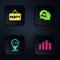 Set Music equalizer, Signboard party, Location Vip and Musical note in speech bubble. Black square button. Vector Royalty Free Stock Photo