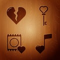 Set Music note, tone with hearts, Broken heart or divorce, Condom in package and Key in heart shape on wooden background