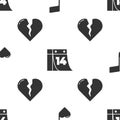 Set Music note, tone with hearts, Calendar with February 14 and Broken heart or divorce on seamless pattern. Vector Royalty Free Stock Photo