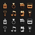 Set Music note, tone with hearts, Calendar, Glass of champagne, Dating app online mobile, Female gender symbol, Wedding