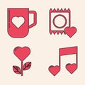 Set Music note, tone with hearts, Coffee cup and heart, Condom in package and Heart shape in a flower icon. Vector Royalty Free Stock Photo