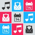 Set Music note, tone with hearts, Envelope with Valentine heart and Calendar with February 14 icon. Vector Royalty Free Stock Photo
