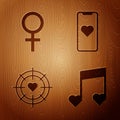 Set Music note, tone with hearts, Female gender symbol, Heart in the center of darts target aim and Mobile phone with Royalty Free Stock Photo