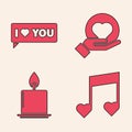 Set Music note, tone with hearts, Speech bubble with I love you, Heart on hand and Burning candle icon. Vector Royalty Free Stock Photo