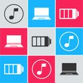 Set Music note, tone, Laptop and Battery charge level indicator icon. Vector Royalty Free Stock Photo