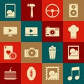 Set Music note, tone, Photo frames, Chef hat, Steering wheel, Online play video, Picture landscape and camera icon Royalty Free Stock Photo