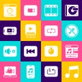 Set Music note, tone, player, Mute microphone, Play video, MOV file, Online, and Repeat button icon. Vector