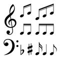 Set of music notes . Black and white silhouettes