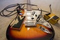 Set of music objects on electric guitar Royalty Free Stock Photo