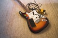 Set of music objects on electric single guitar, wide angle Royalty Free Stock Photo