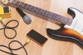 Set of music objects with sunburst electric guitar Royalty Free Stock Photo