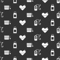Set Music player, Bottle with milk, Sauna bucket and ladle and Heart heal on seamless pattern. Vector