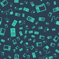 Set Music player, Microwave oven, Stereo speaker and Charger on seamless pattern. Vector Royalty Free Stock Photo