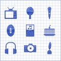 Set Music player, Photo camera, Feather and inkwell, Cake, Headphones, American Football ball, Microphone and Television