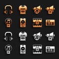 Set Music player, Speaker mute, synthesizer, wave equalizer, Play in square, volume, Headphones and T-shirt icon. Vector Royalty Free Stock Photo
