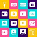 Set Music playlist, note, tone, Repeat button, Selfie mobile, Stopwatch, Speaker mute, Microphone and Play icon. Vector