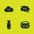 Set Music streaming service, Car sharing, Aviation bomb and Methane emissions reduction icon. Vector