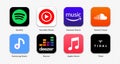 Set of Music streaming social network app logo, Spotify, Youtube Music, Amazon Music, Soundcloud, Samsung Music, Deezer, Apple