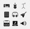 Set Music synthesizer, Electric bass guitar, Microphone with stand, Home stereo speakers, Laptop music note, Speaker Royalty Free Stock Photo