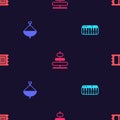 Set Music synthesizer, Whirligig toy, Pyramid and Circus ticket on seamless pattern. Vector Royalty Free Stock Photo