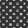 Set Music wave equalizer, Camera roll cartridge, Retro audio cassette tape and Online play video on seamless pattern Royalty Free Stock Photo