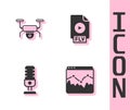 Set Music wave equalizer, Drone flying, Microphone and FLV file document icon. Vector Royalty Free Stock Photo