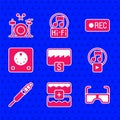 Set Music wave equalizer, Glasses, Play in square, Audio jack, Drum machine, Record button and Drums icon. Vector Royalty Free Stock Photo