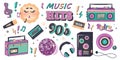 Set of musical elements in retro style of 90s, 80s, 70s. Hand drawn musical cartoon template with slogans about music. Clipart. Royalty Free Stock Photo