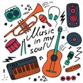 Set of musical emblem. Flat illustrations for digital and print. Musical icons set. Hand-written inscription Music in my soul. Royalty Free Stock Photo