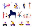 Set of Musical Hobbies and Entertainment. Happy Male and female Characters Dancing on Party, Classical and Rock Music