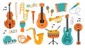 Set of musical instruments in cartoon style isolated on white background. Vector illustration Royalty Free Stock Photo