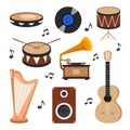 Set of musical instruments in cartoon style. Vector illustration of music orchestra tambourine, drums, harp, guitar