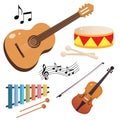 Set of musical instruments. Color images of guitar, violin, drum and xylophone on white background. Vector illustrations for kids Royalty Free Stock Photo