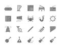 Set of Musical Instruments Grey Icons. Piano, Accordion, Violin, Guitar and more