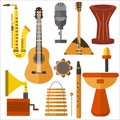 Set musical instruments guitar, gramophone, trumpet, microphone, balalaika Royalty Free Stock Photo