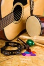 Set of musical instruments on OSB Royalty Free Stock Photo