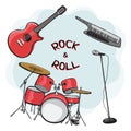 Set of musical instruments, outline cartoon hand drawing, rock and roll icon, vintage sticker. Black red drum kit, synthesizer, Royalty Free Stock Photo