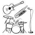 Set of musical instruments, outline hand drawing, black and white sketch, rock and roll icon, silhouette. Drum kit, synthesizer, Royalty Free Stock Photo