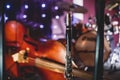 Set of musical instruments on a stage before jazz concert - clarinet, contrabass, drum set kit and others