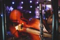 Set of musical instruments on a stage before jazz concert - clarinet, contrabass, drum set kit and others