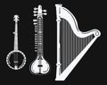 A set of musical instruments. Stylized harp. Black and white banjo illustration. Sitar. Collection of stringed musical