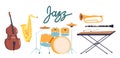 Set Of Musical Jazz Instruments Saxophone, Trumpet, Double Bass, Drum Kit, Xylophone And Clarinet, Vector Illustration Royalty Free Stock Photo