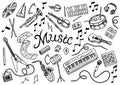 Set of musical symbols and icons. Guitar Drums Piano, creative tools and hobbies. Vintage outline sketch for web banners Royalty Free Stock Photo