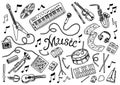 Set of musical symbols and icons. Guitar Drums Piano, creative tools and hobbies. Vintage outline sketch for web banners Royalty Free Stock Photo