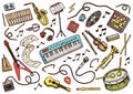Set of musical symbols and icons. Guitar Drums Piano, creative tools and hobbies. Vintage outline sketch for web banners Royalty Free Stock Photo